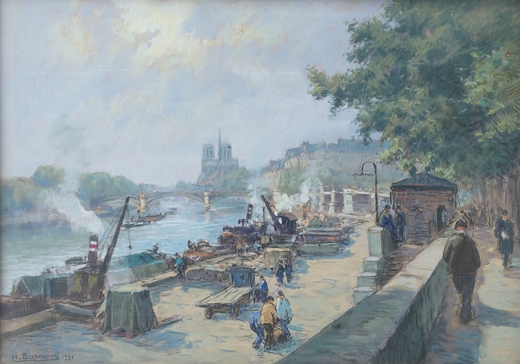Henri BARNOIN - Quai de Seine animé à Paris, 1921