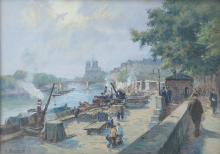 Henri BARNOIN - Quai de Seine animé à Paris, 1921